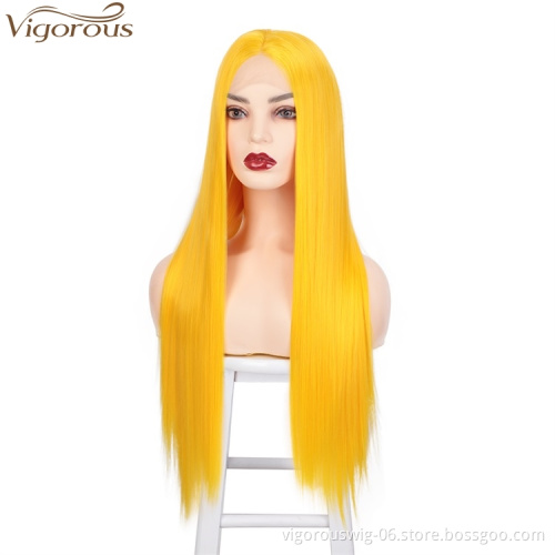 Vigorous Lace Front Wigs for Women Yellow Synthetic Long Straight Wigs Heat Resistant Middle Part Fiber Natural Looking